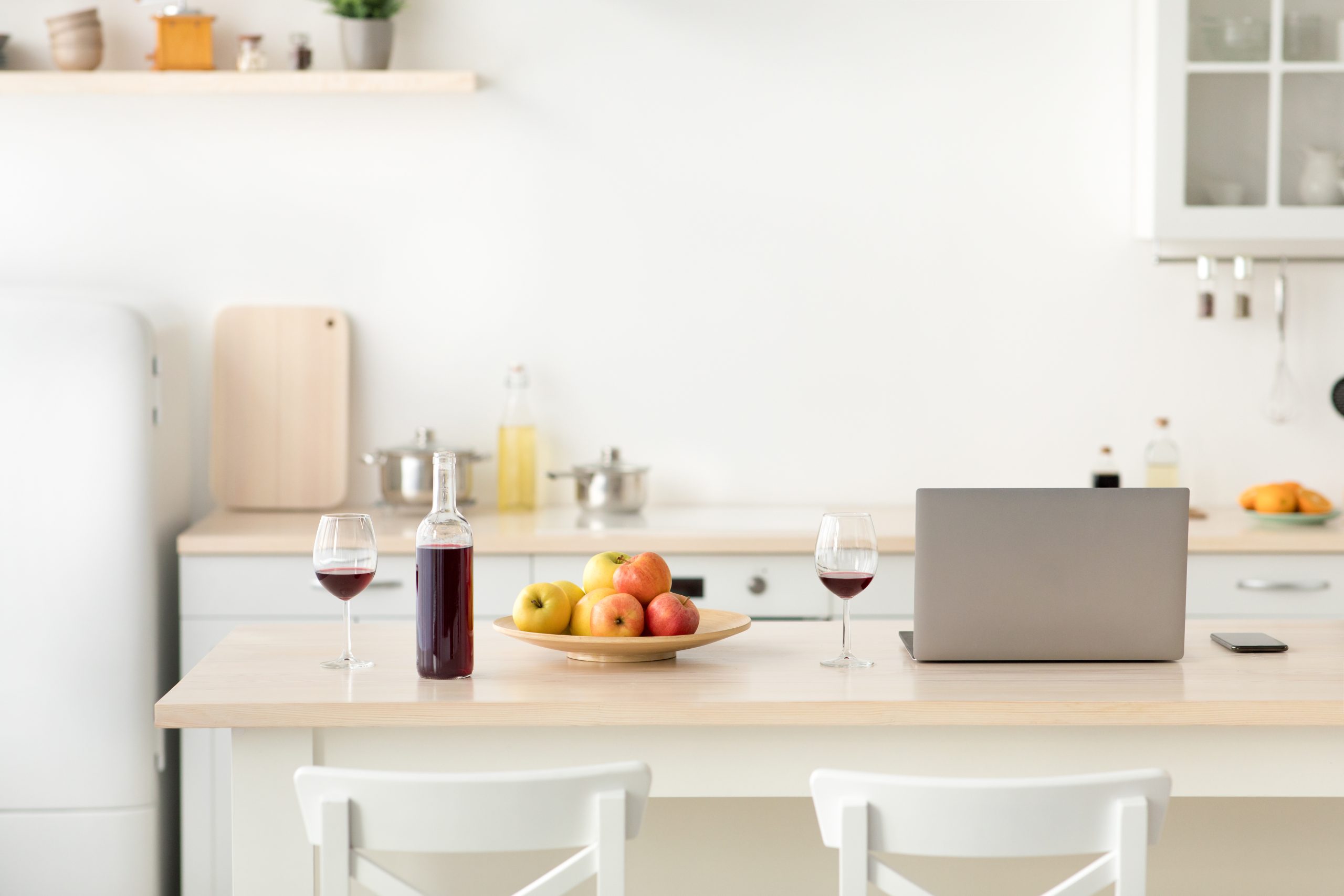 Work and relax at home office and cozy kitchen interior